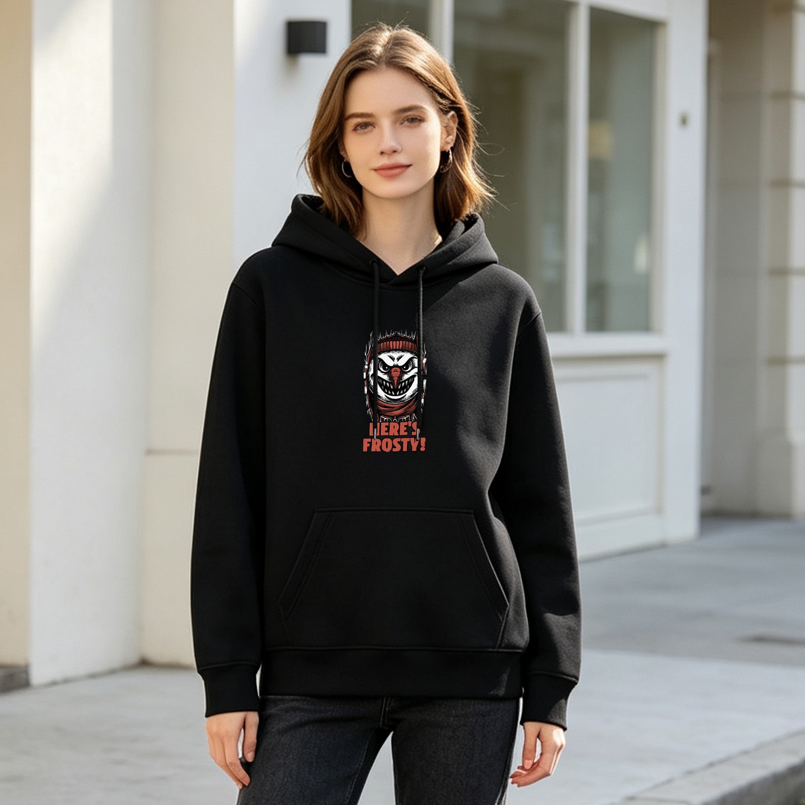 Black hoodie with evil snowman 'Here's Frosty!' graphic