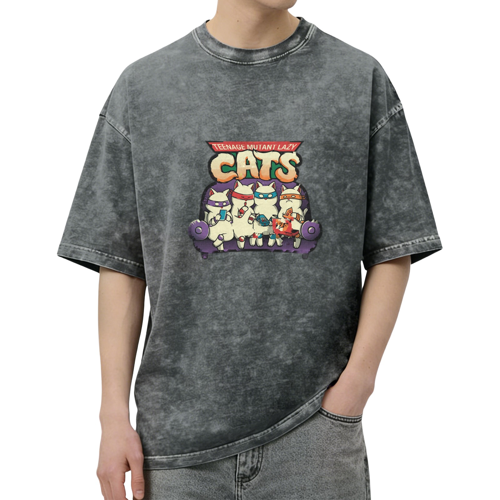 Teenage Mutant Lazy Cats Graphic Stonewashed Black T-Shirt