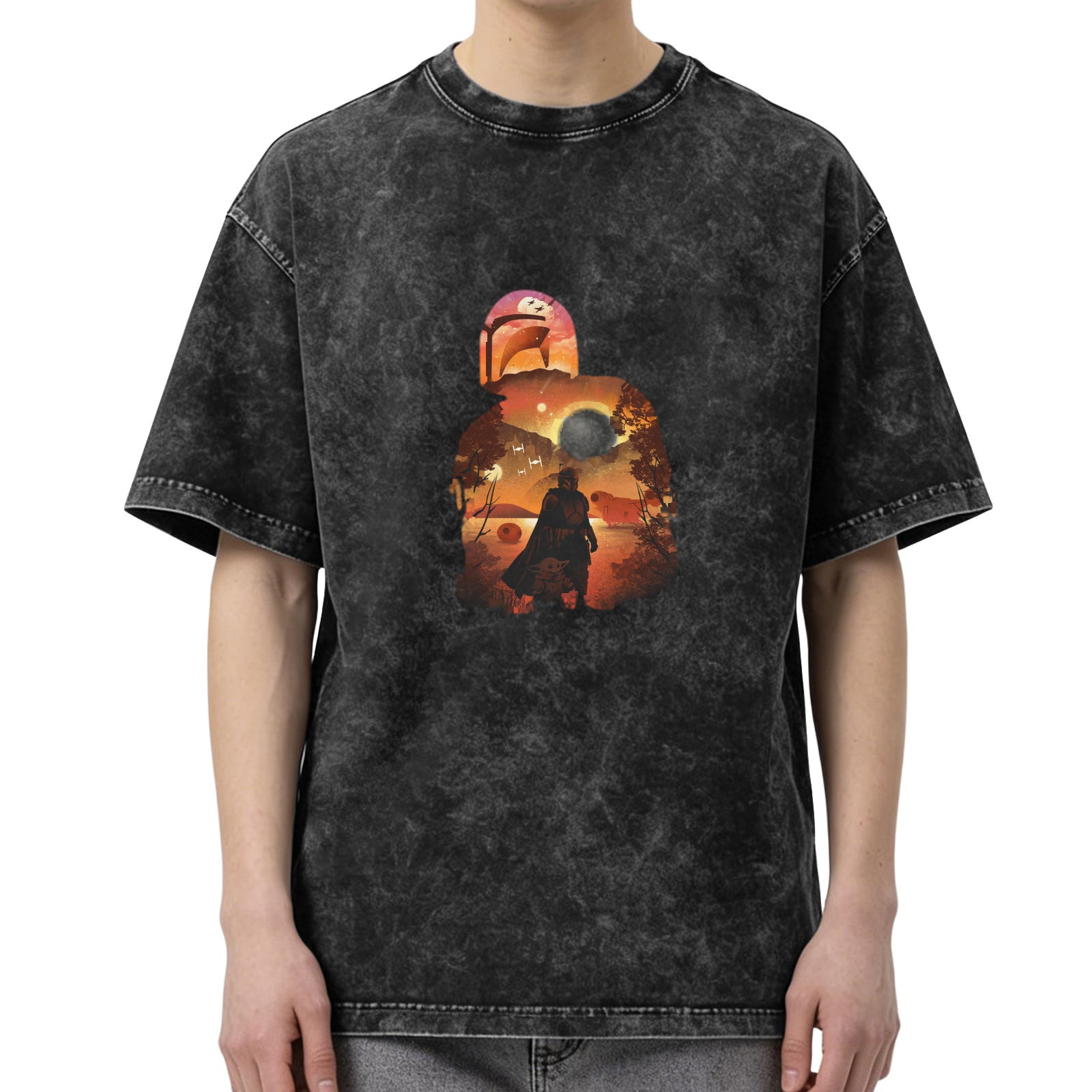 Washed Black T-Shirt With Sci-Fi Sunset Landscape Graphic