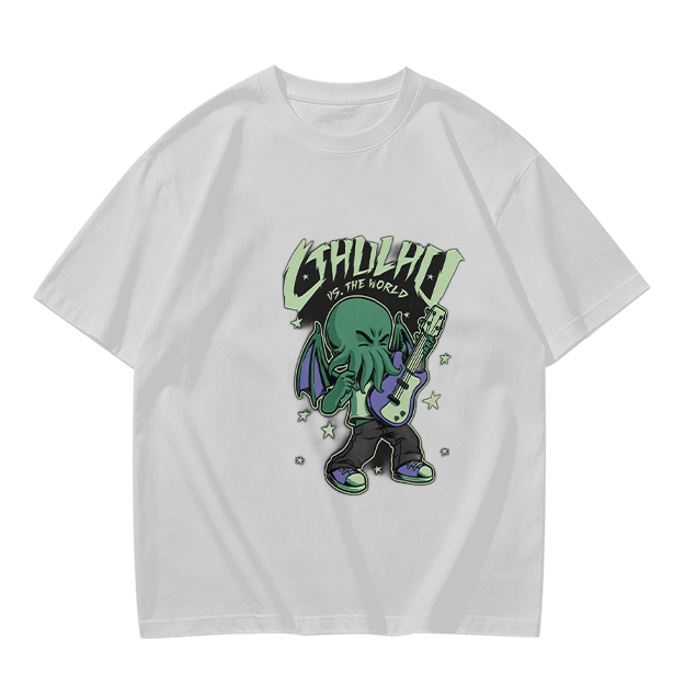 Olive T-Shirt Featuring Chibi Cthulhu Rocking a Guitar