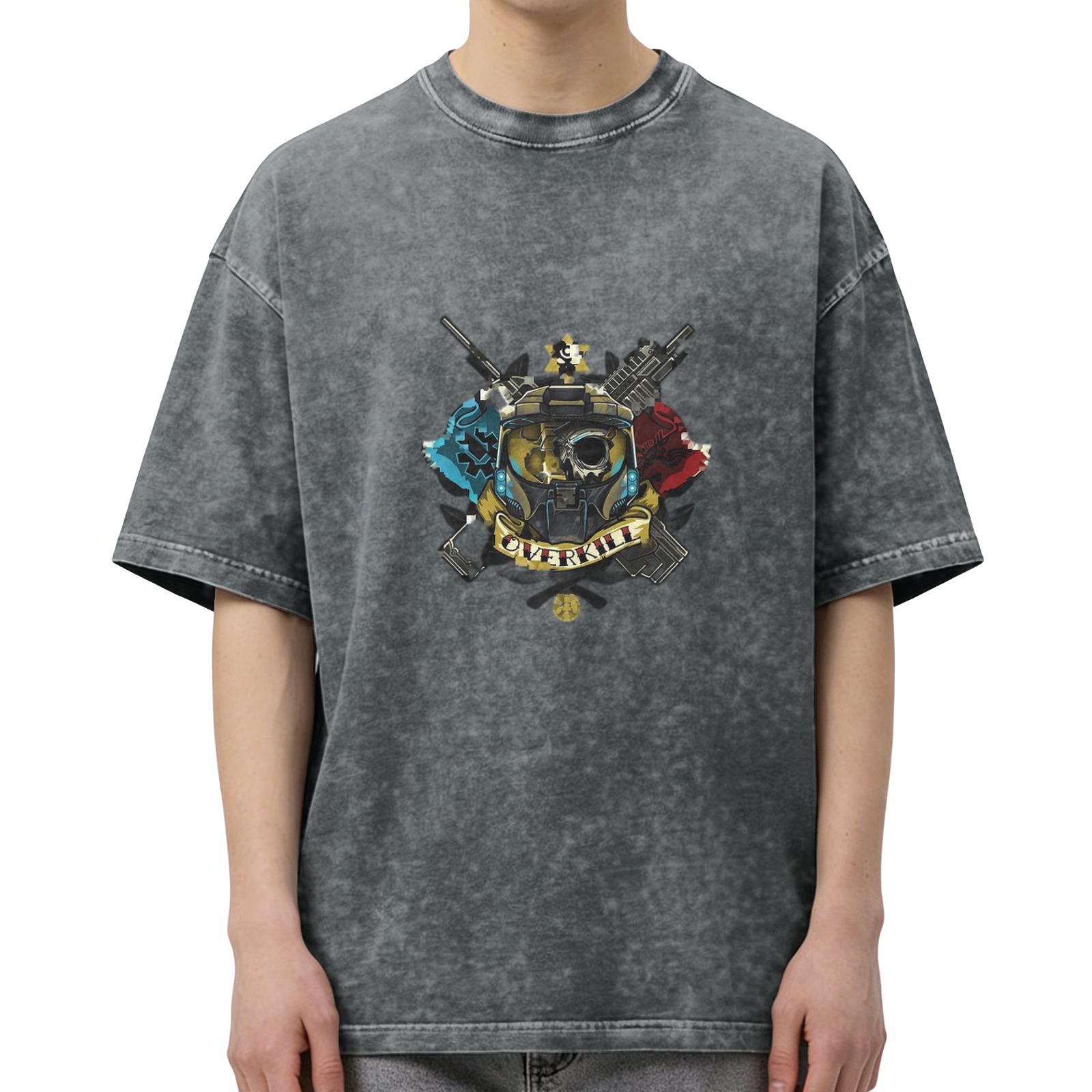 Washed black graphic t-shirt with tactical helmet overkill design