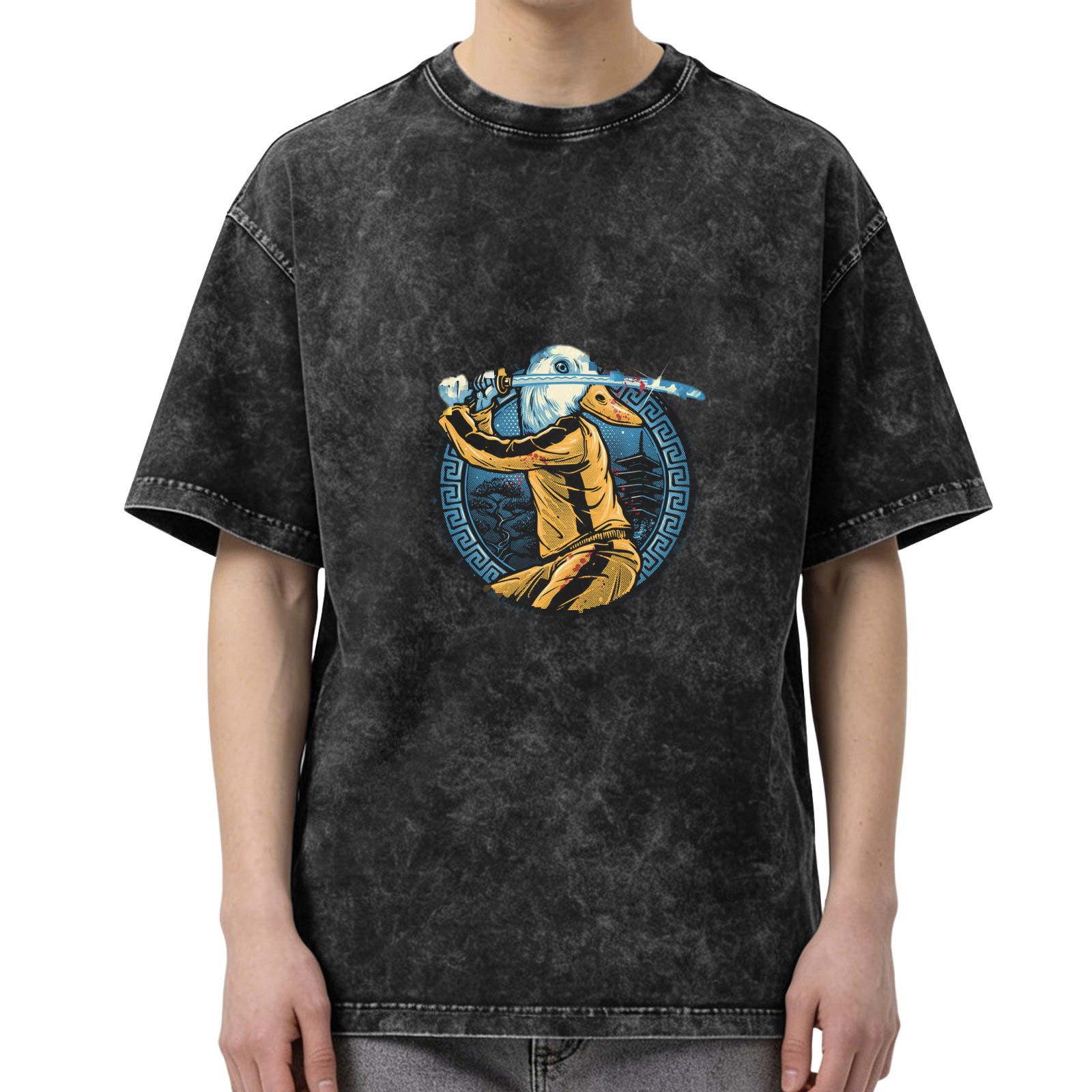 Oversized dark washed t-shirt with duck samurai katana graphic