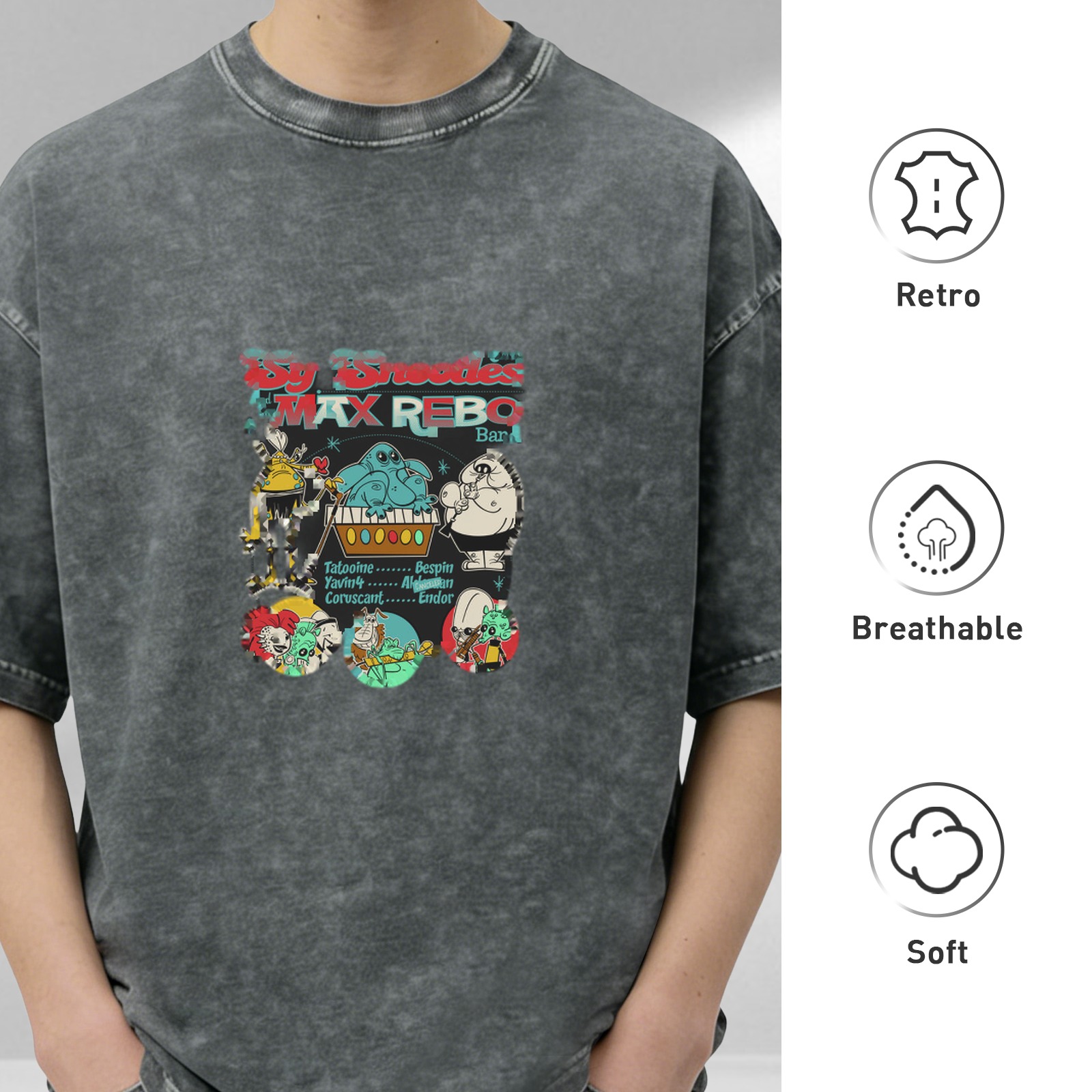 Retro washed black short-sleeved T-shirt Star Wars themed Max Rebo band printed distressed top