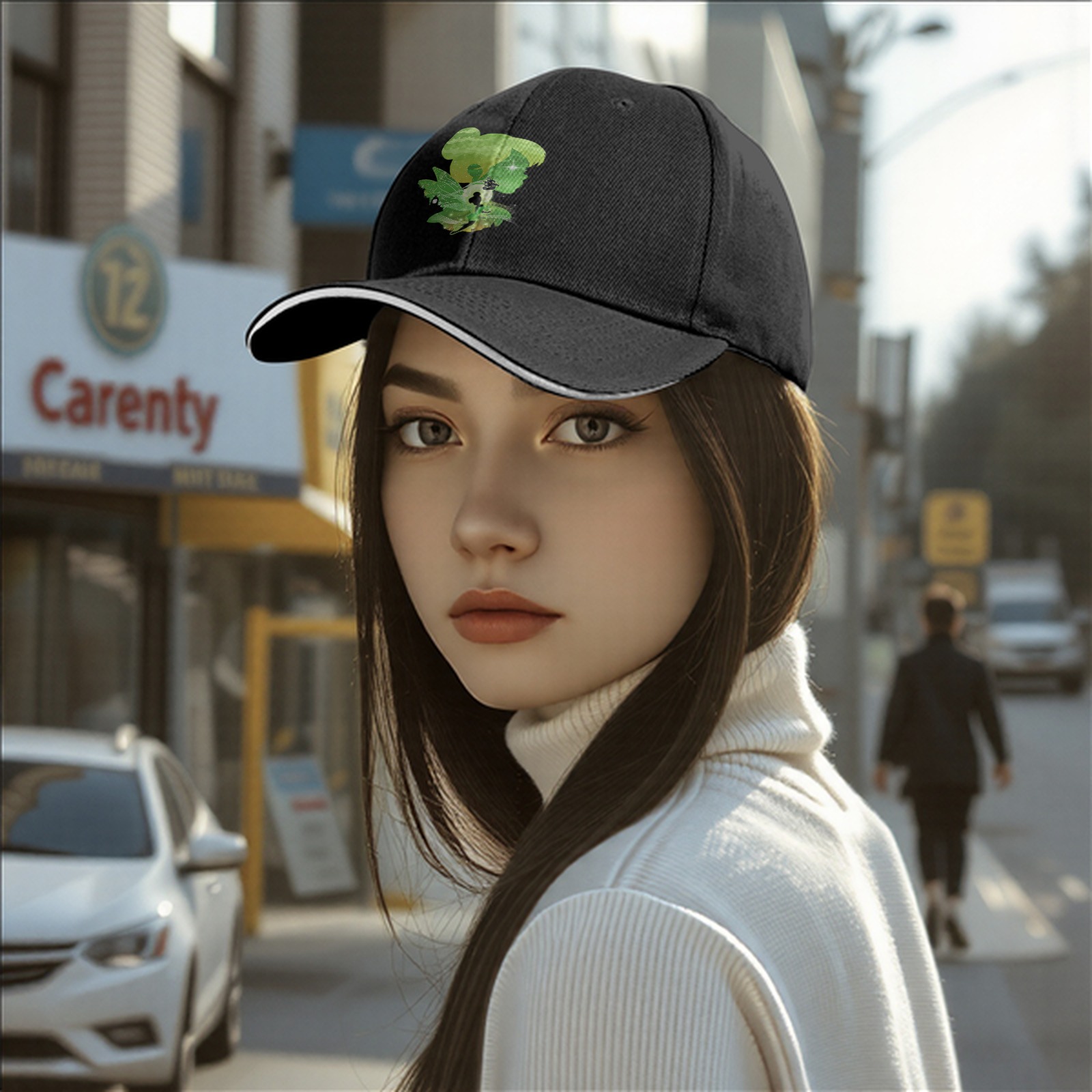 Black Baseball Cap With Green Fairy Silhouette Graphic