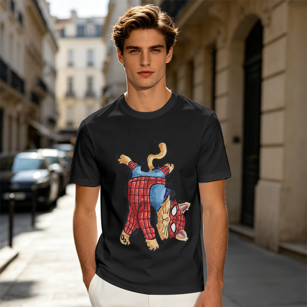 Olive T-Shirt With Playful Spider Cat Superhero Graphic Print