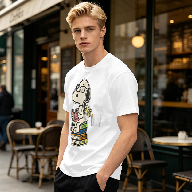 Olive T-shirt with Snoopy reading on stack of books