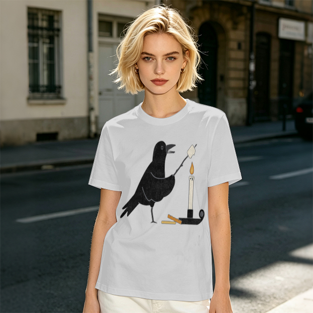 Olive T-Shirt With Crow Roasting Marshmallow Over Candle Print