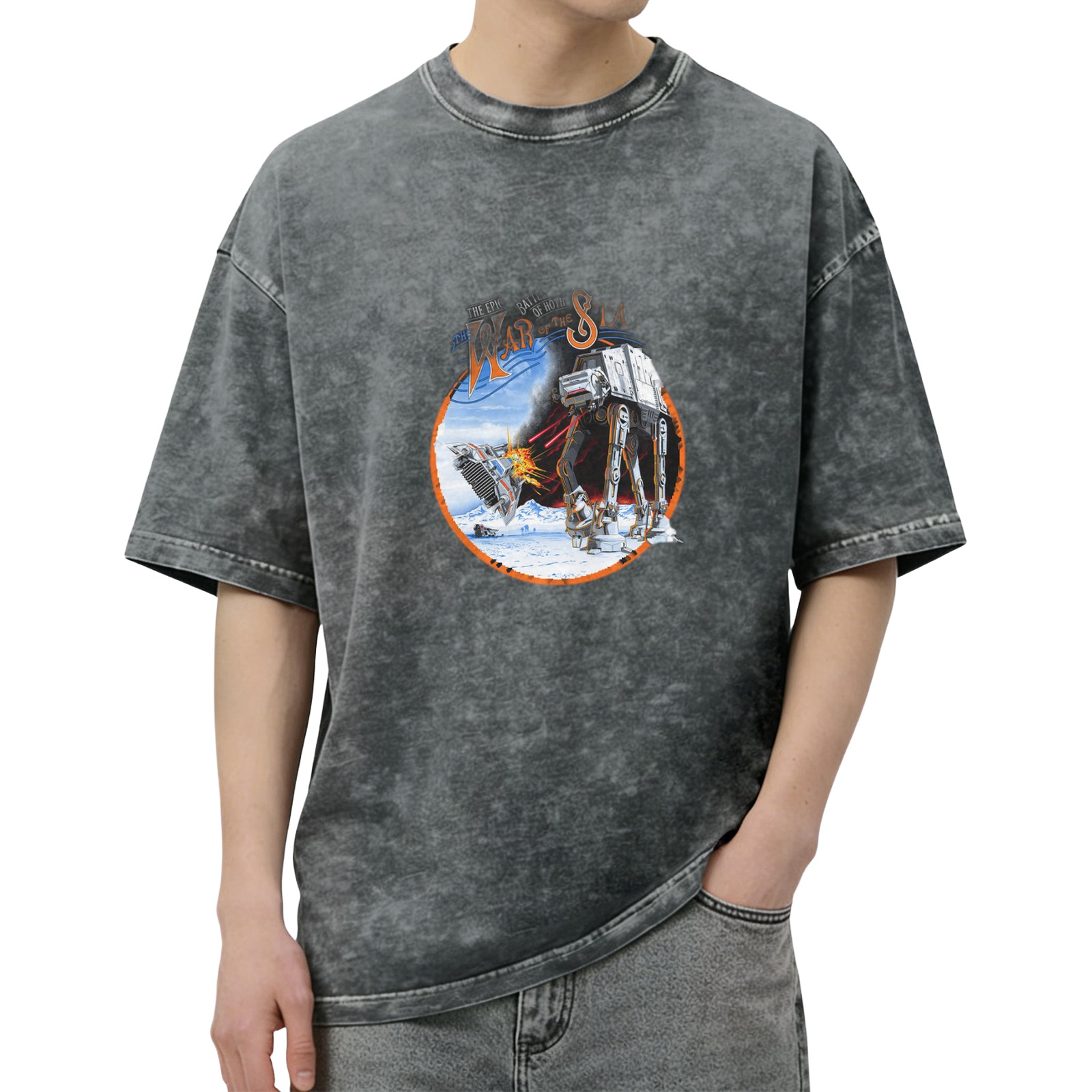 Star Wars Battle of Hoth AT-AT Snow Speeder Graphic Acid Wash Oversized T-Shirt