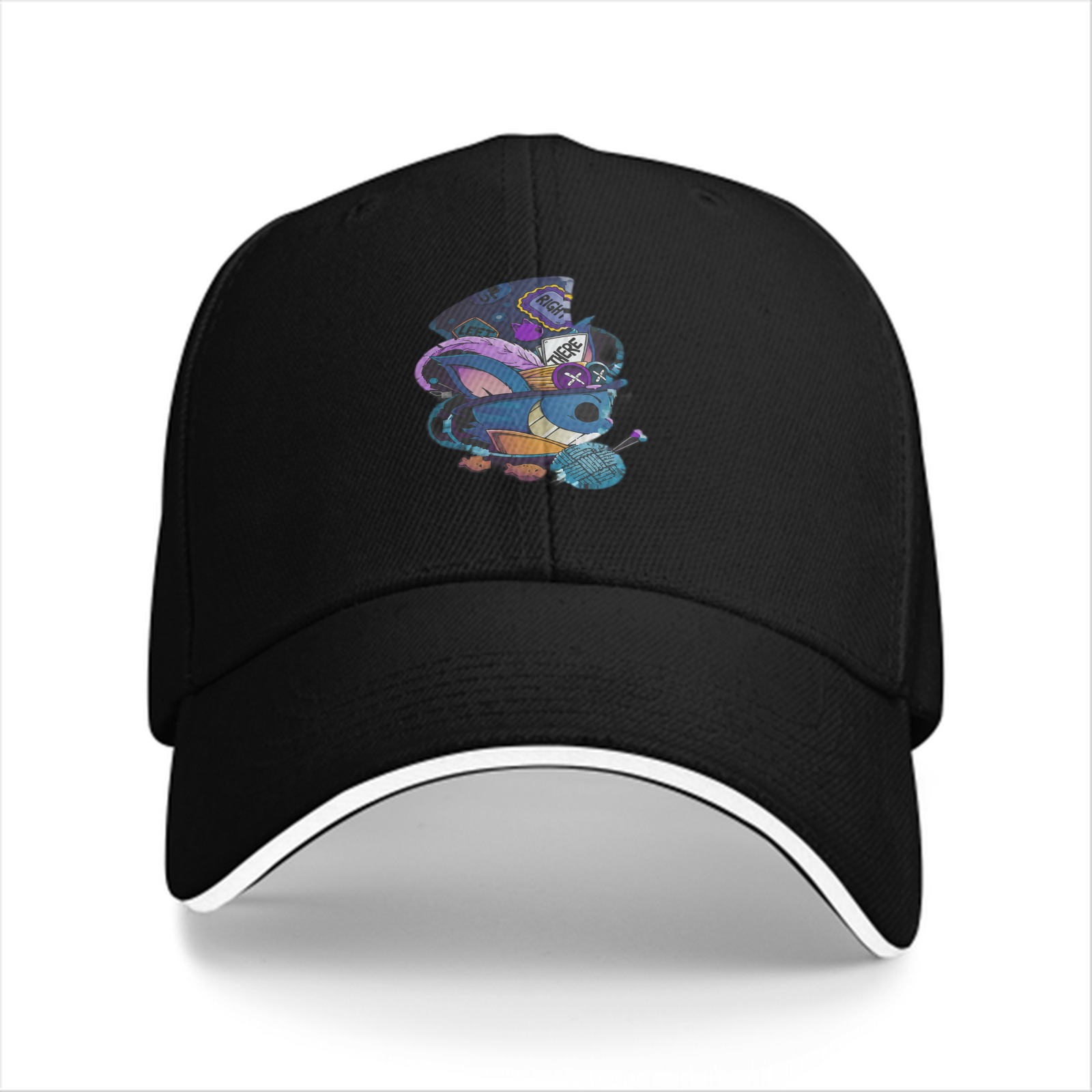 Black baseball cap with whimsical blue creature graphic