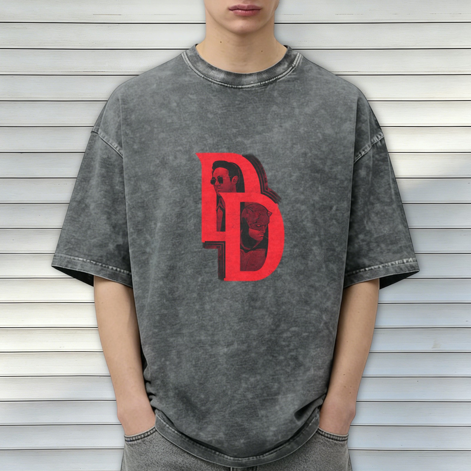 Washed Black T-Shirt with Daredevil DD Logo Graphic