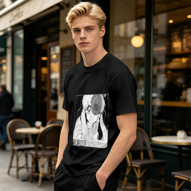 Olive anime graphic t-shirt with spiral eye design