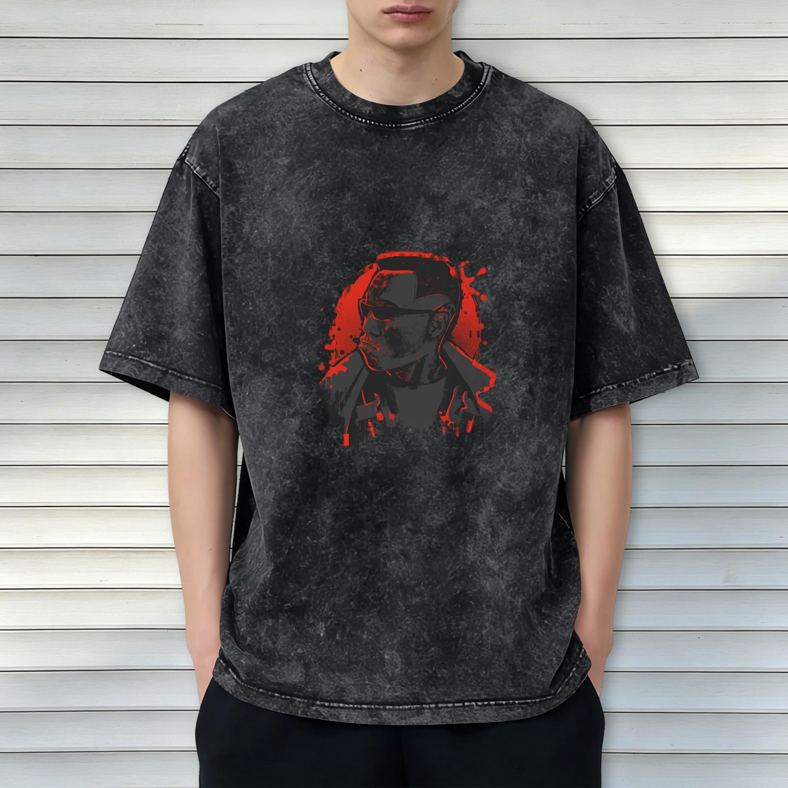 Washed Black T-Shirt with Red Vampire Hunter Graphic