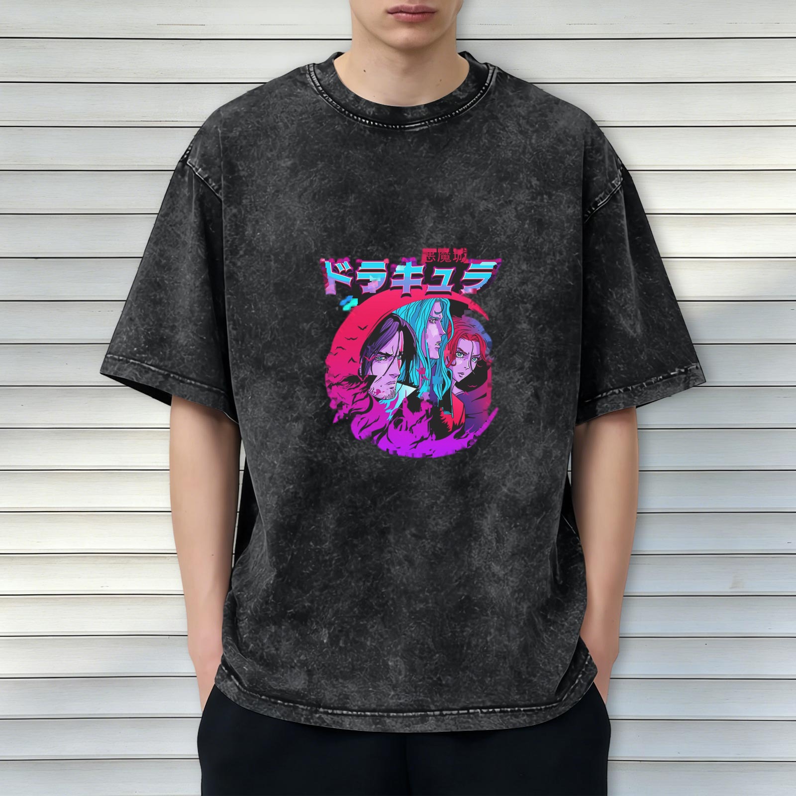 Retro washed black anime theme printed short-sleeved T-shirt