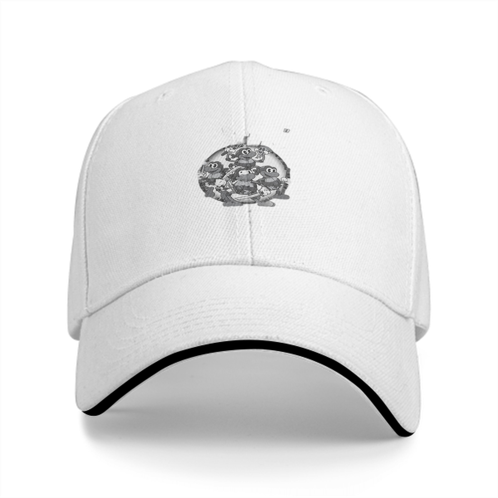 Black baseball cap with retro cartoon frog character print