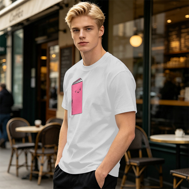 Olive Green T-Shirt With Cute Smiling Pink Book Graphic