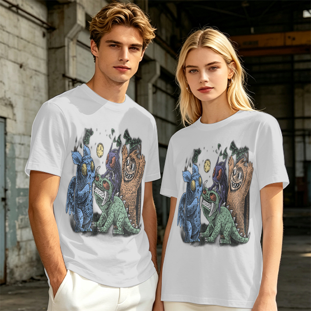 Olive Green T-Shirt With Whimsical Monster Crew Graphic Print