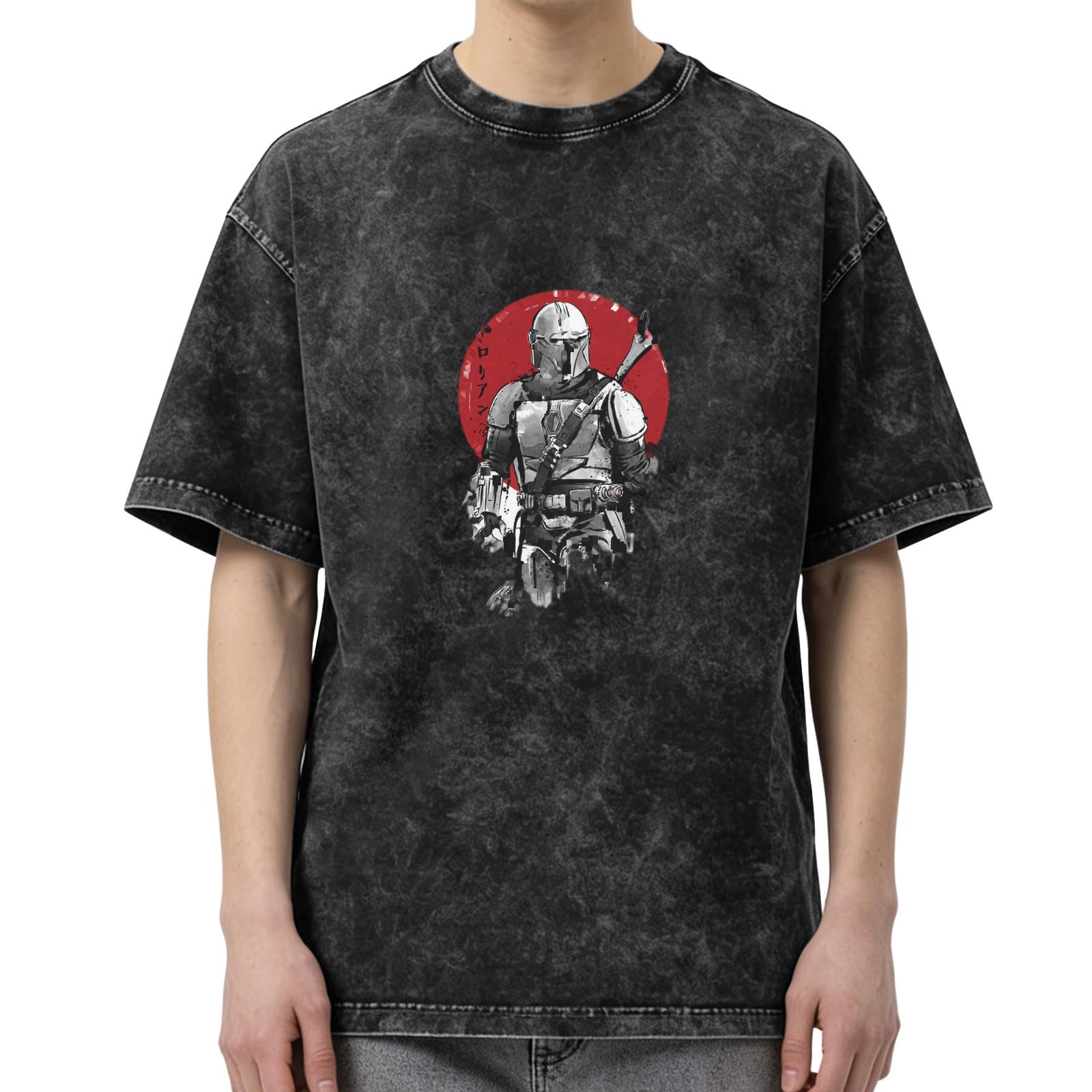 Washed Black T-Shirt With Mandalorian Warrior Red Circle Graphic