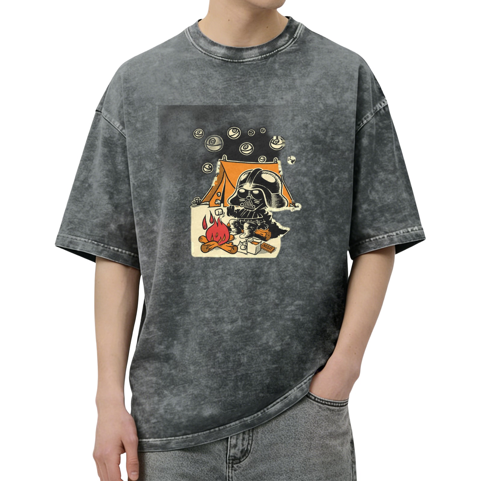 Oversized dark wash t-shirt with cartoon Darth Vader camping graphic