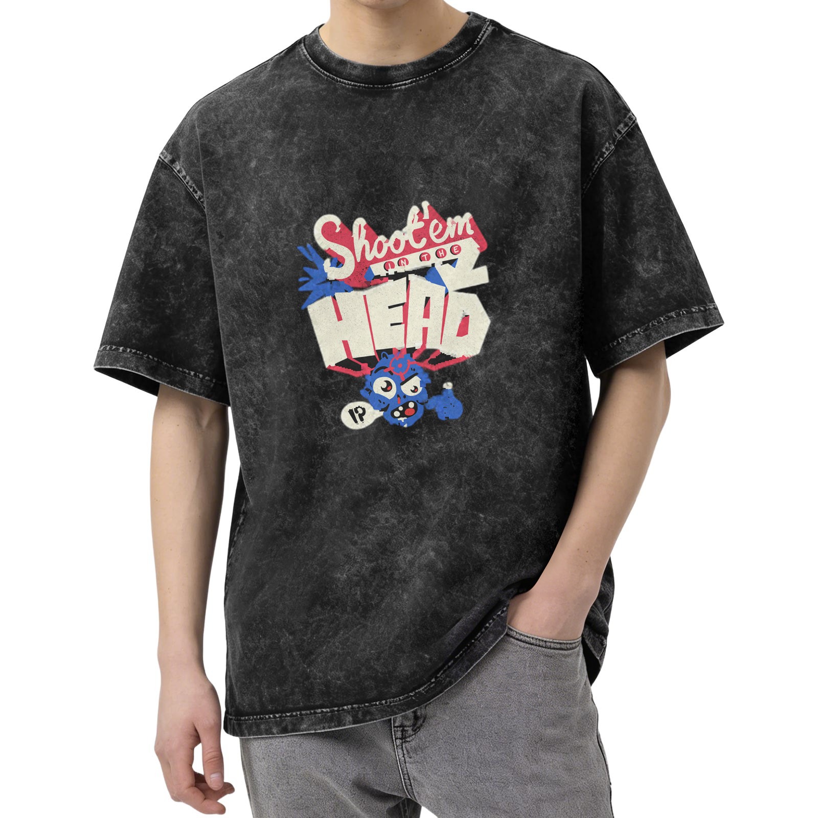 Oversized Acid Wash T-Shirt With Shoot Em In The Head Graphic