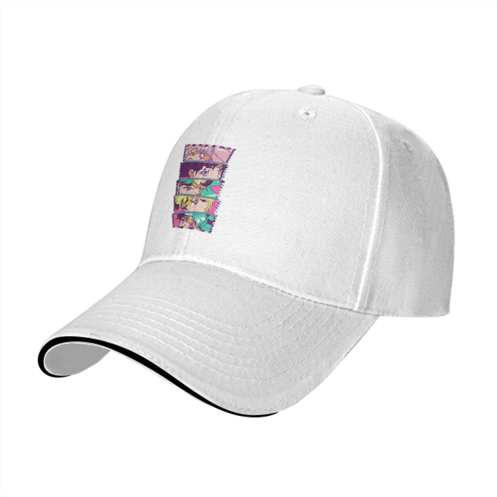 Black Baseball Cap with Anime Character Face Stack Print