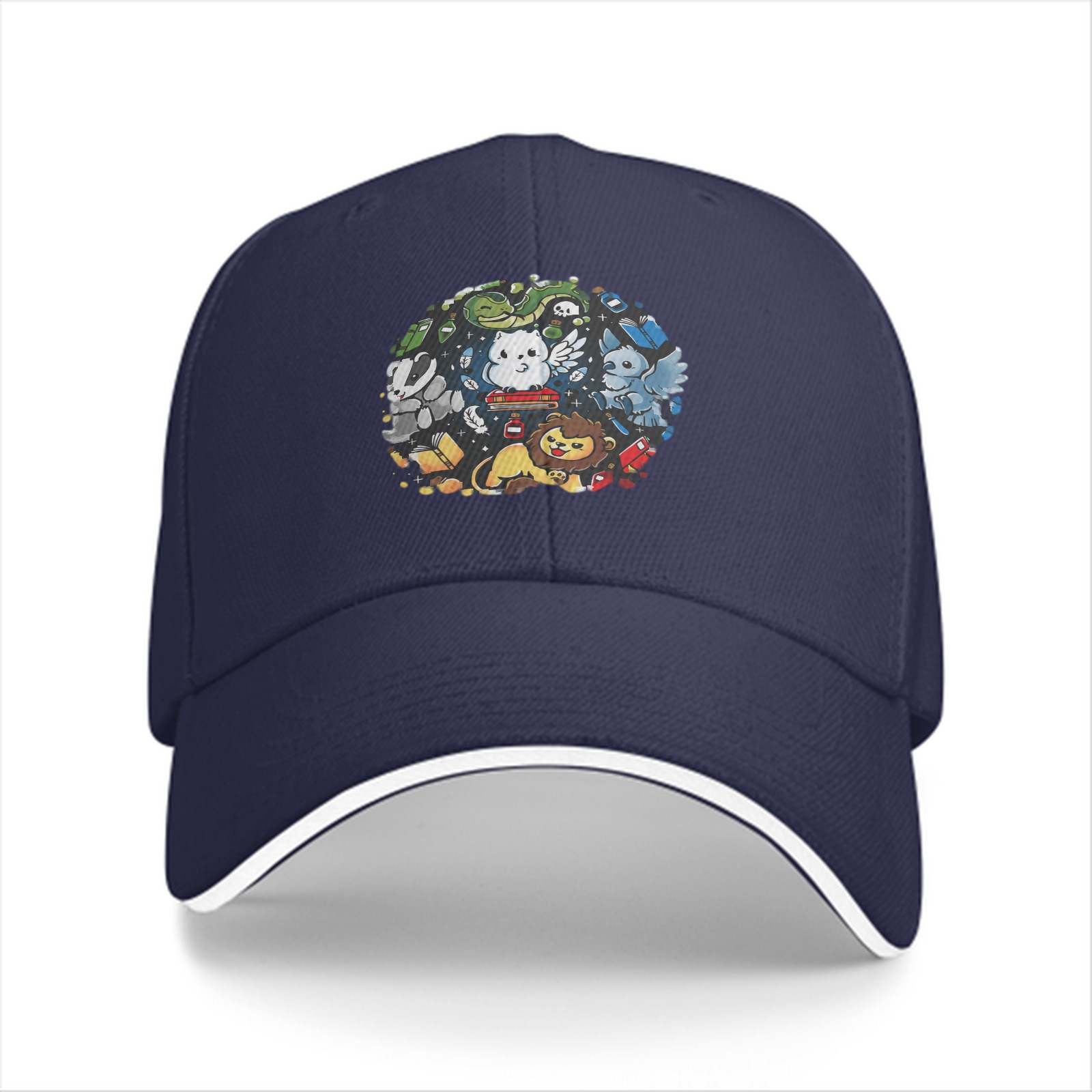 Black Baseball Cap With Cute Magical Creatures Graphic Design