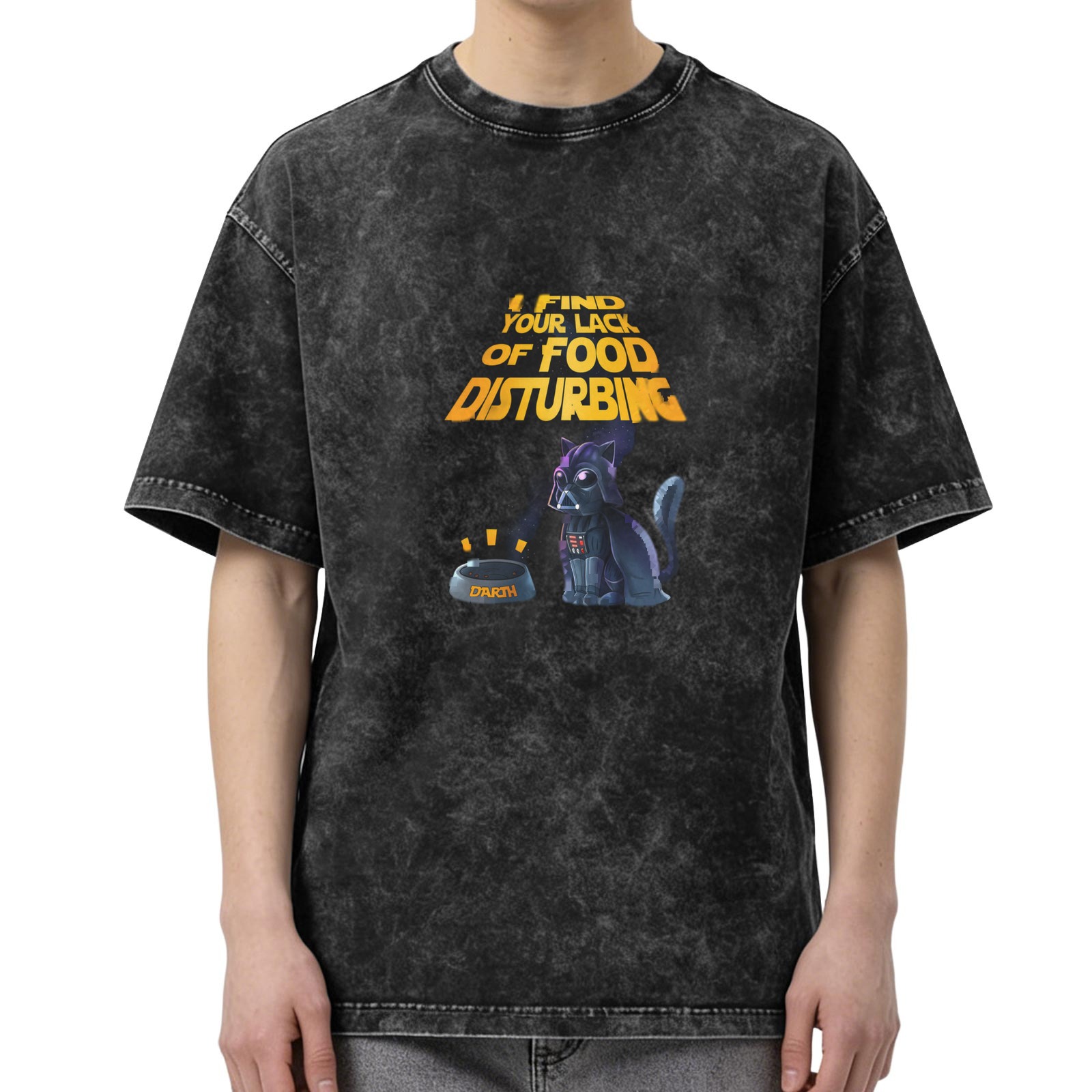 Washed black t-shirt with funny Darth Vader cat food quote