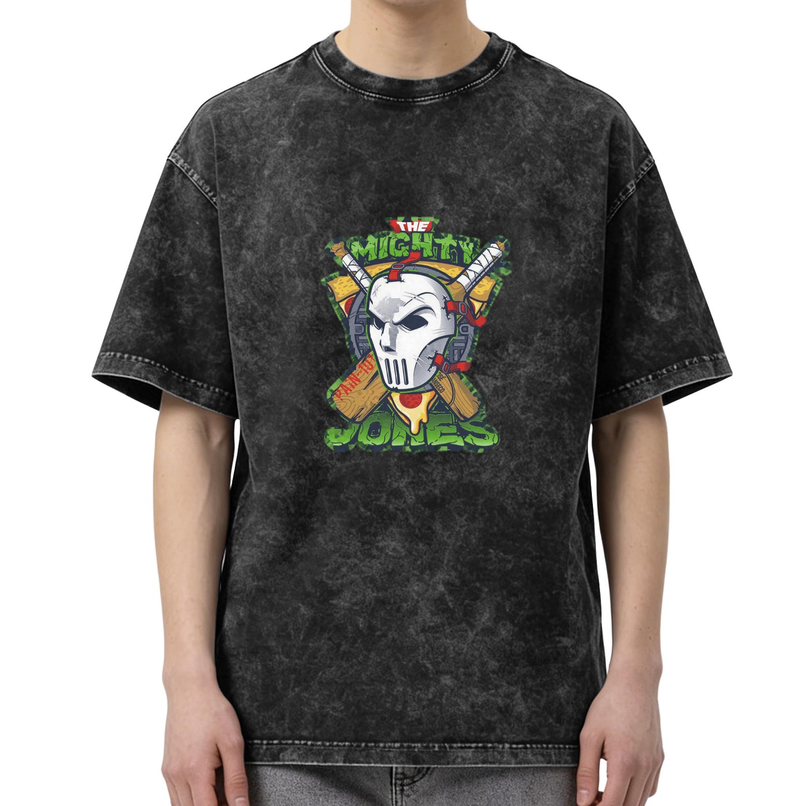 Oversized Acid Wash T-Shirt With Casey Jones Pizza Ninja Graphic