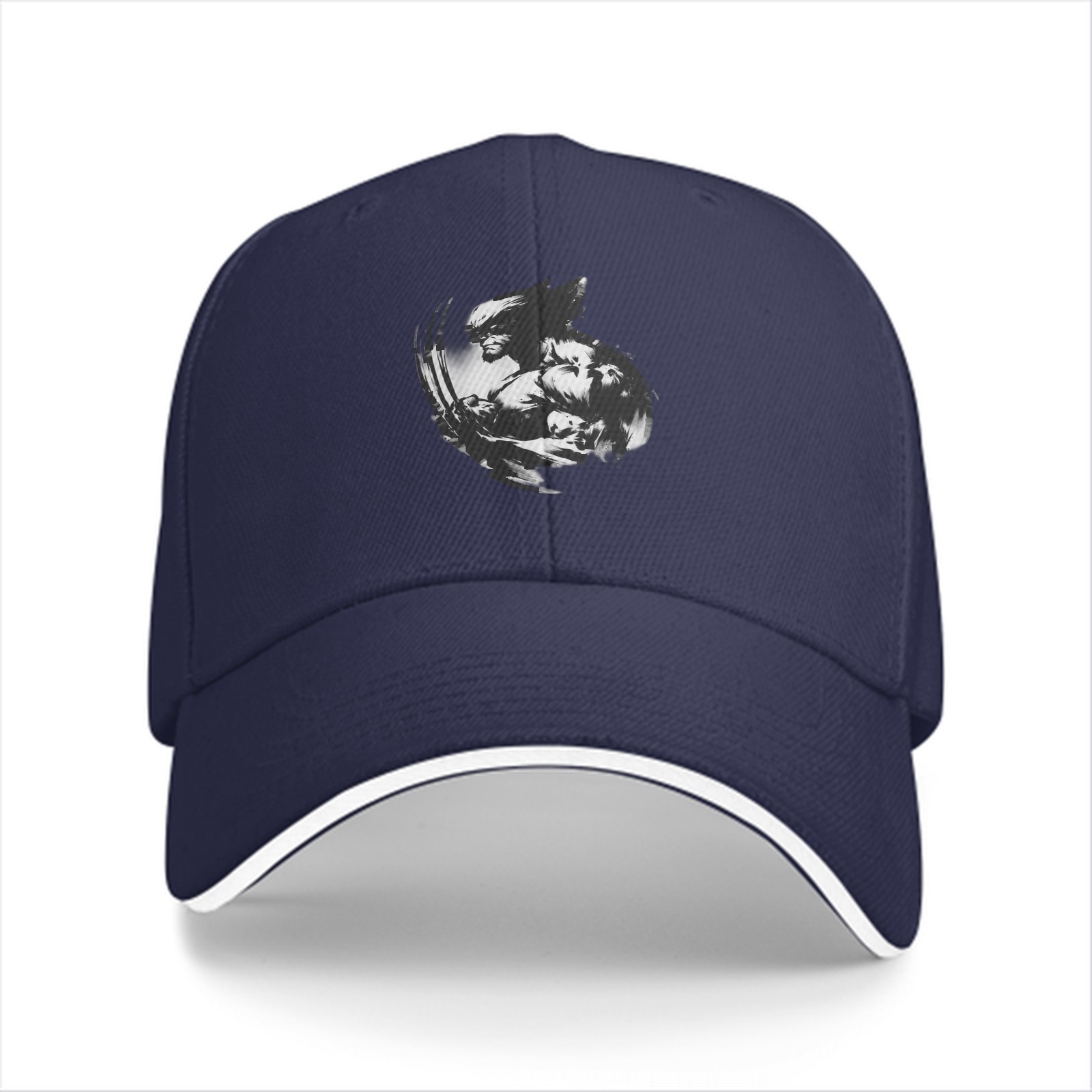Black Baseball Cap With Monochrome Wolf Graphic Print