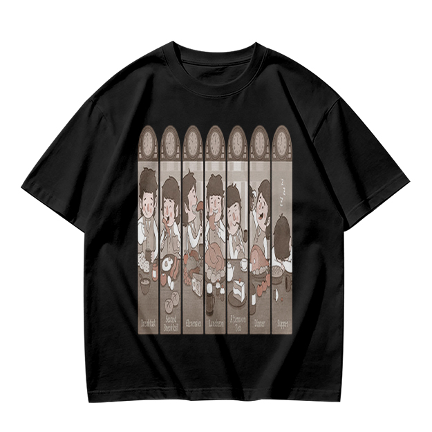 Olive green t-shirt with cartoon medieval feast scene print