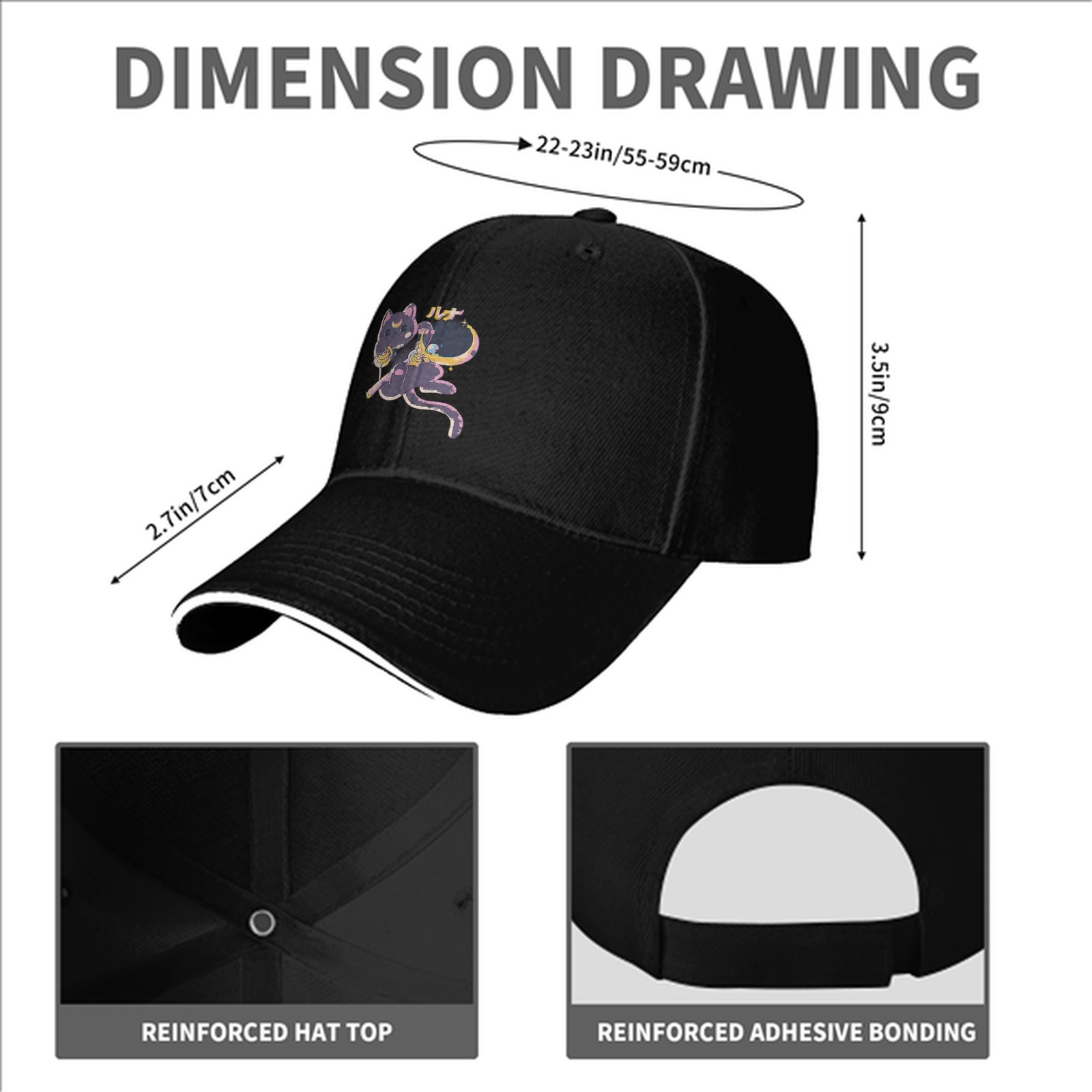 Black baseball cap with cute dark cat moon graphic