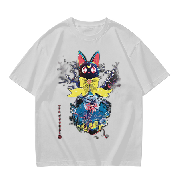Olive T-Shirt with Black Cat Anime Art Print