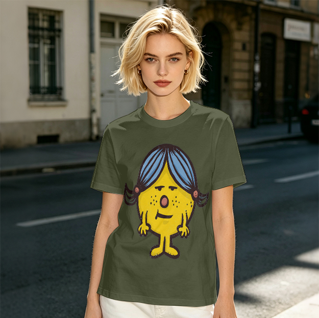 Olive Green T-Shirt With Grumpy Yellow Cartoon Girl Print