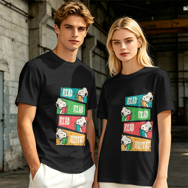 Olive T-Shirt with Snoopy Read Repeat Reading Graphic