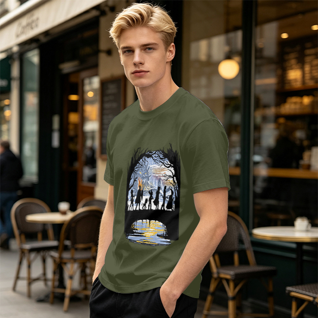 Olive T-Shirt With Fantasy Adventure Silhouette Art Print
