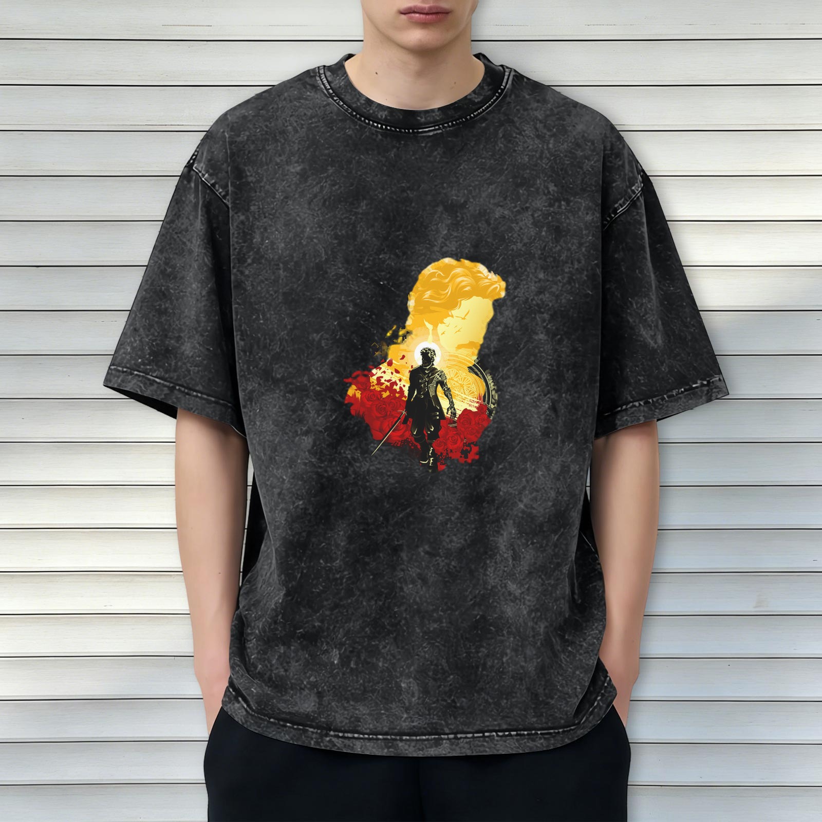 Washed black graphic t-shirt with warrior and classical bust art