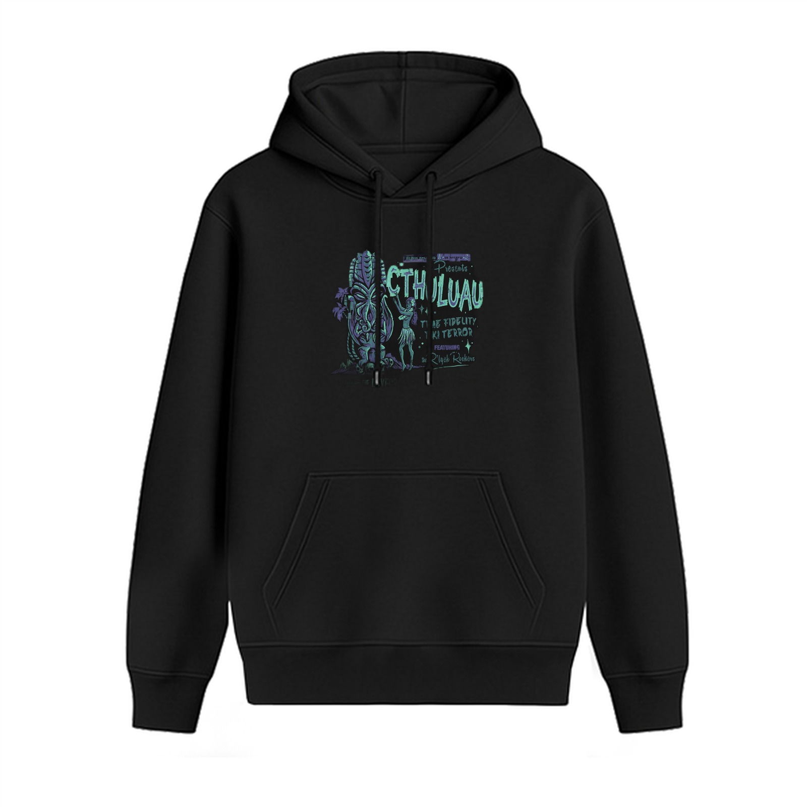 Black hoodie with Cthulhu Luau graphic print