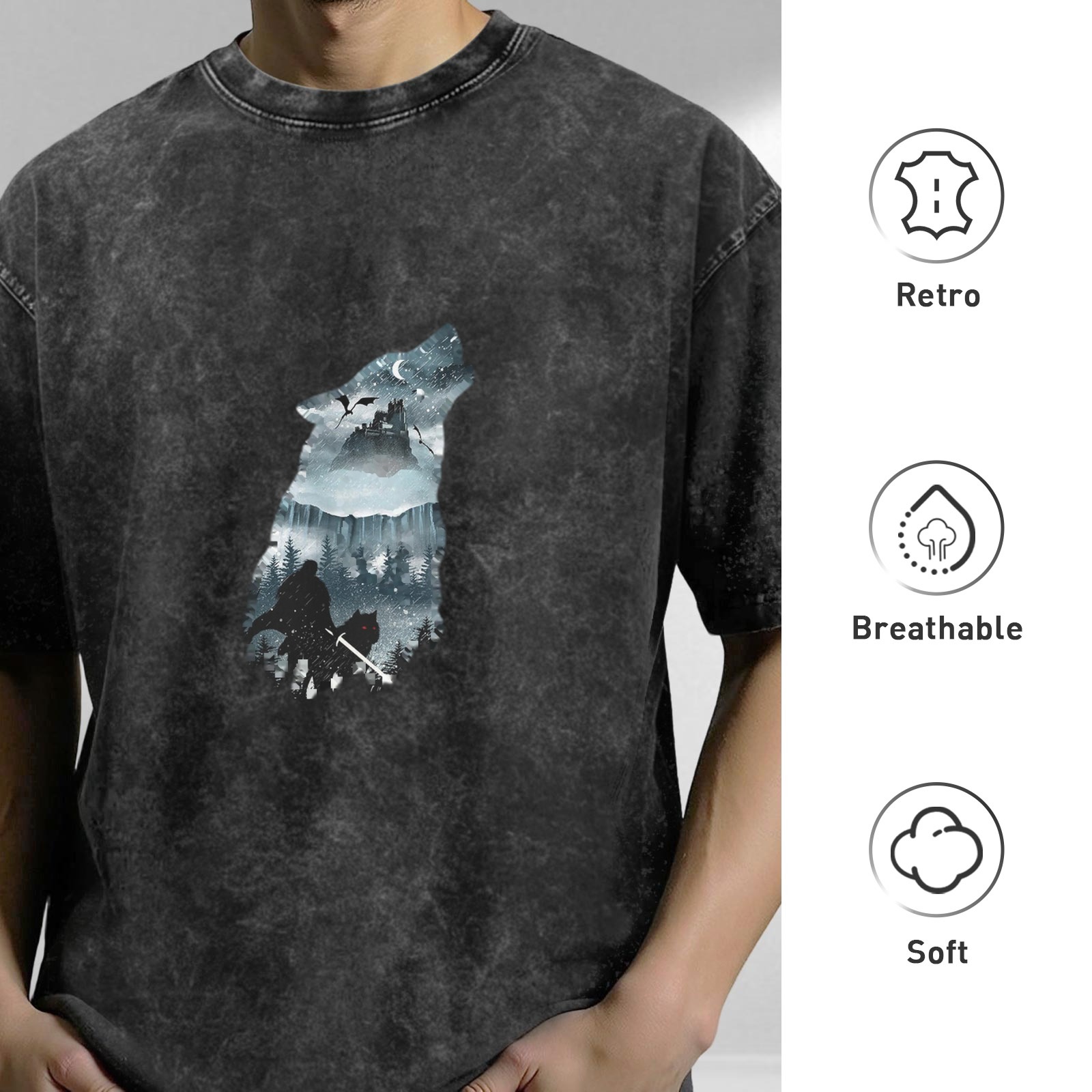 Oversized Stonewashed T-Shirt With Howling Wolf Silhouette Fantasy Graphic