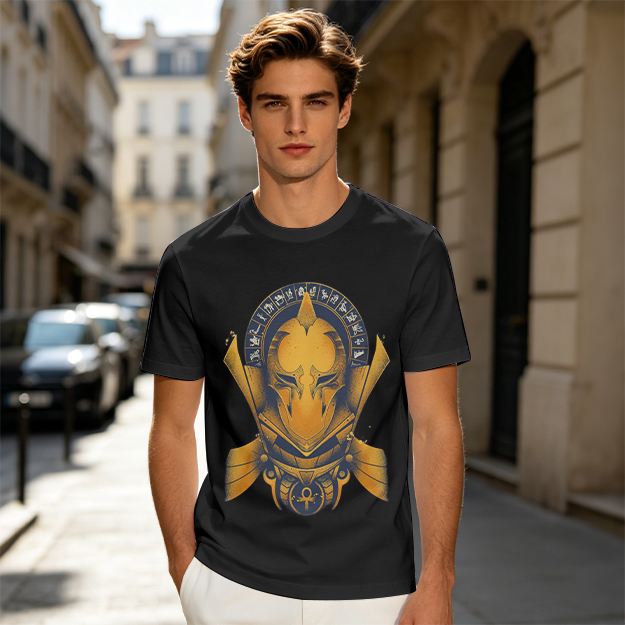Olive T-Shirt with Ancient Egyptian Style Golden Helmet Print