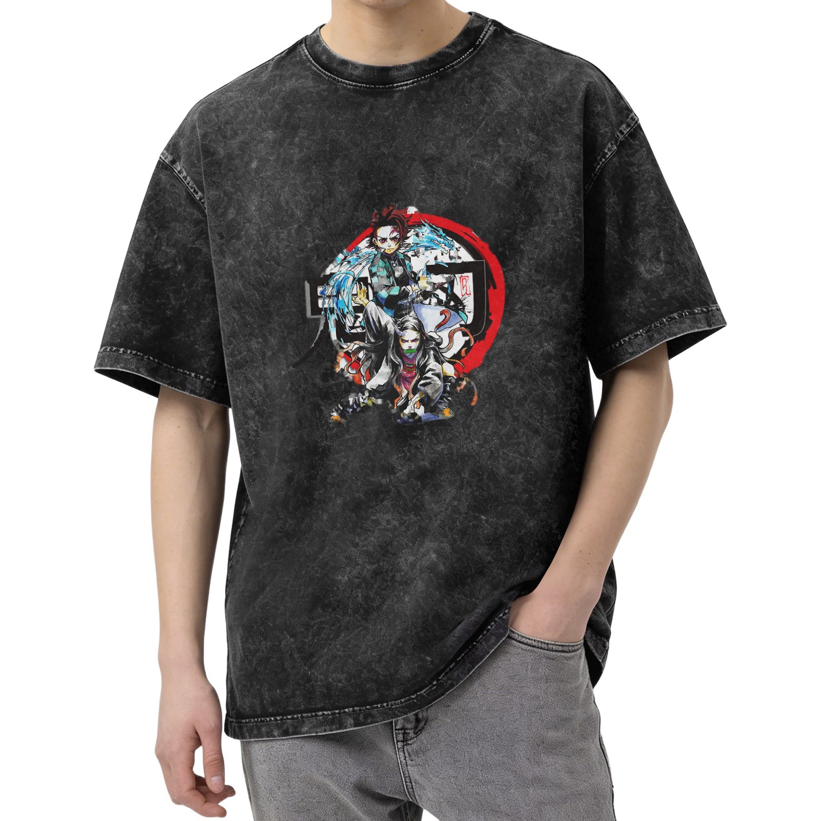 Demon Slayer Anime Graphic Oversized Stone Wash T-Shirt