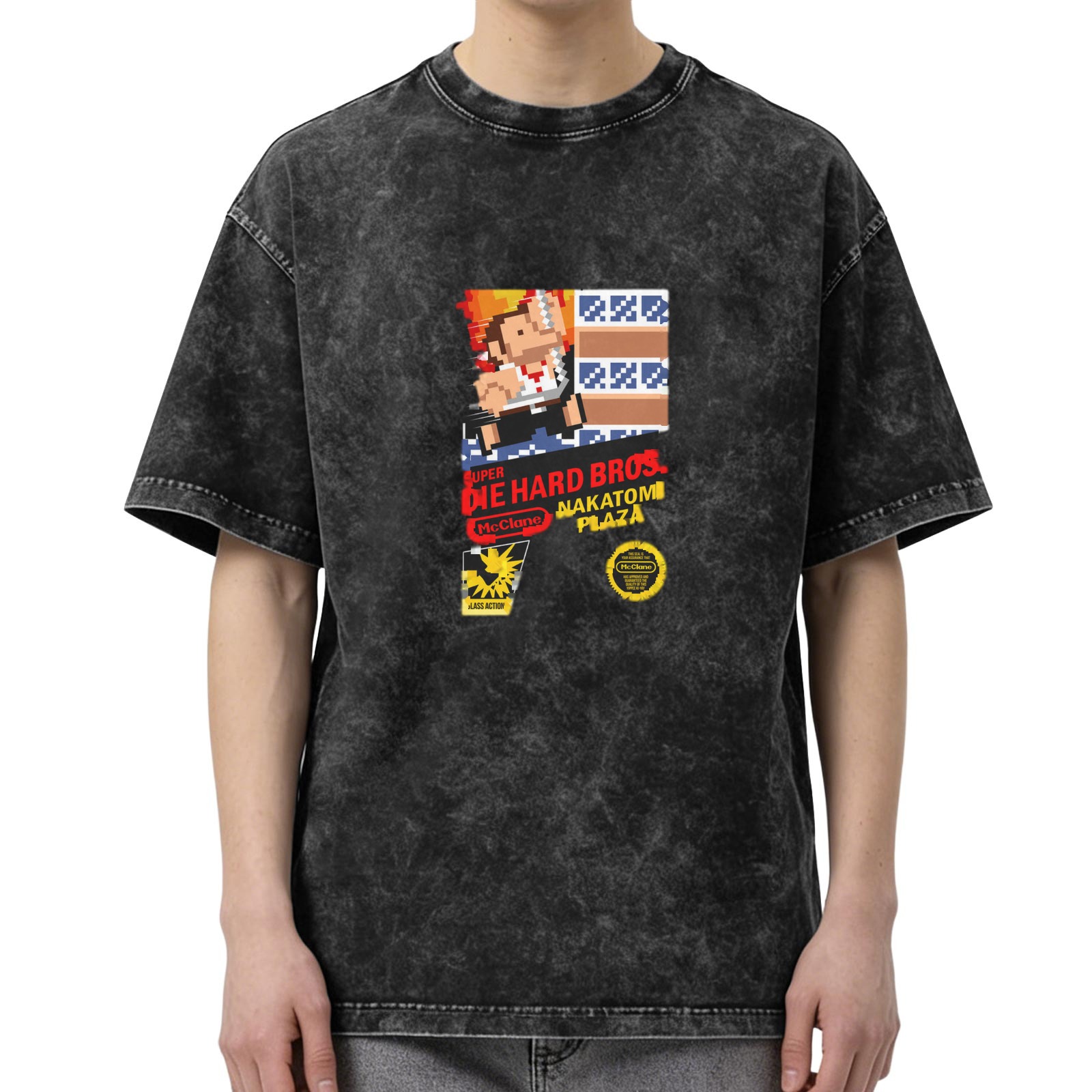 Super Die Hard Bros Nakatomi Plaza Pixel Art Acid Wash T-Shirt