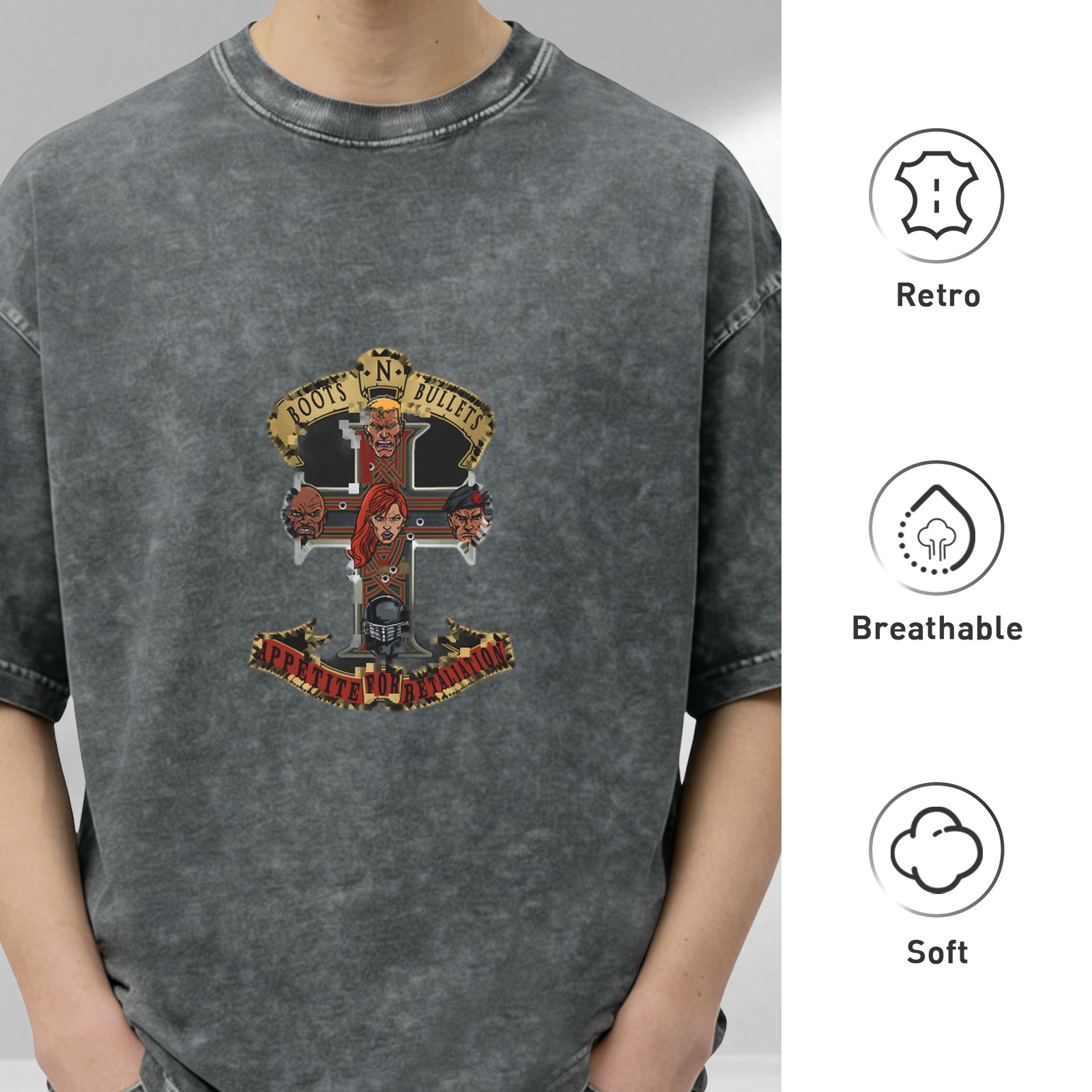 Washed black graphic t-shirt with cross and character print