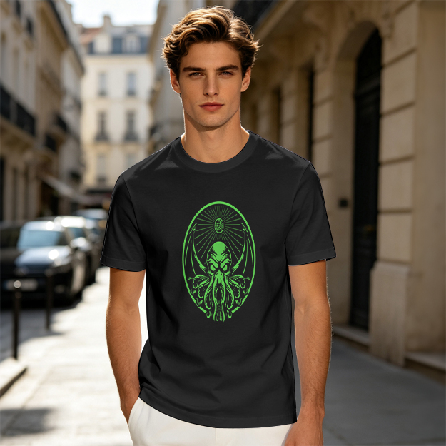 Olive Green T-Shirt With Glowing Green Cthulhu Graphic Print