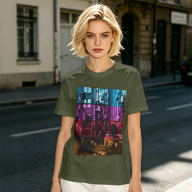 Olive T-Shirt With Vibrant Neon City Alley Graphic Print