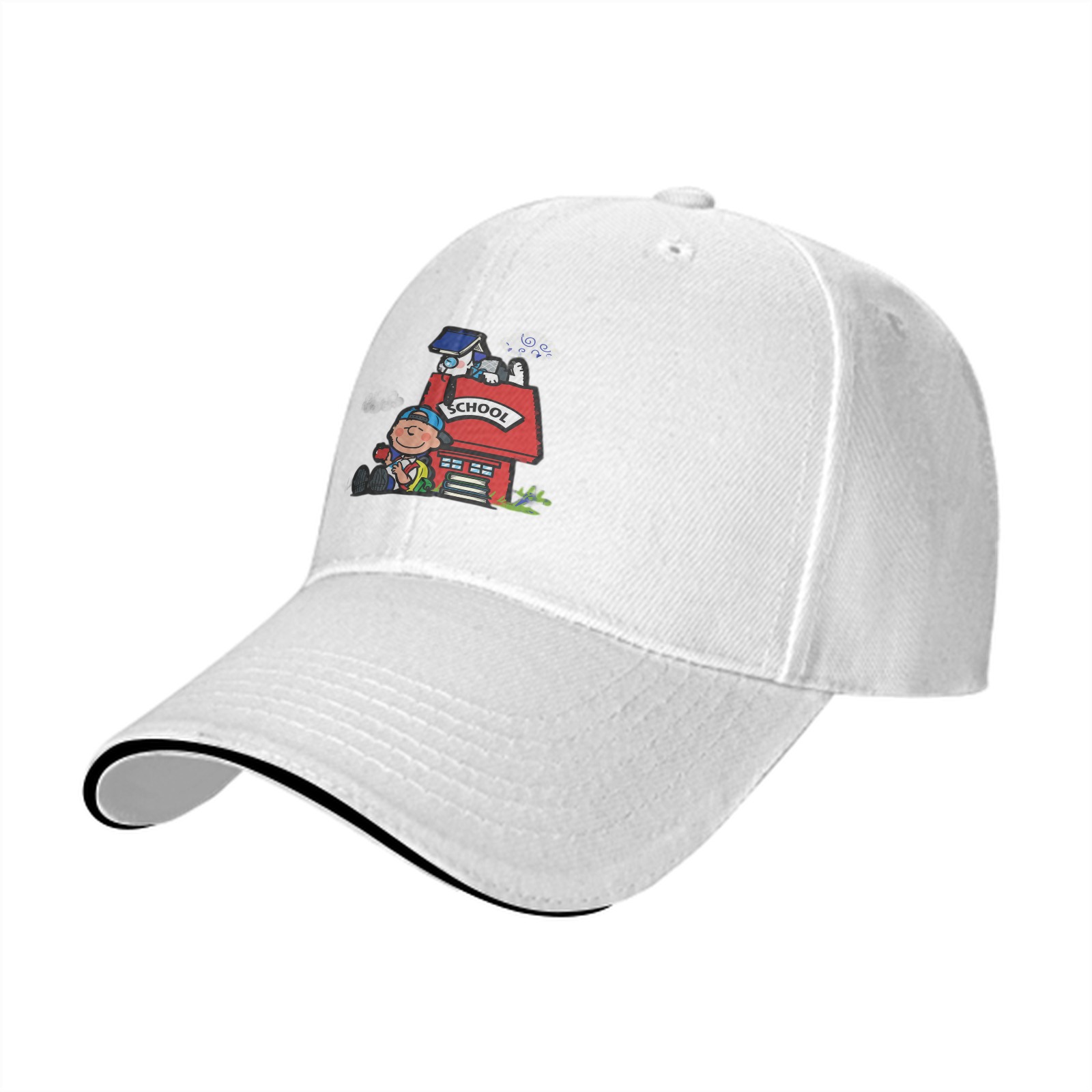 Black Baseball Cap With School Themed Cartoon Print