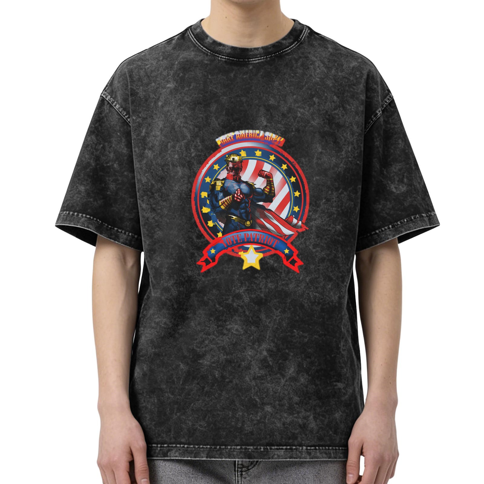 Washed Black Oversized T-Shirt With Patriotic Superhero Graphic