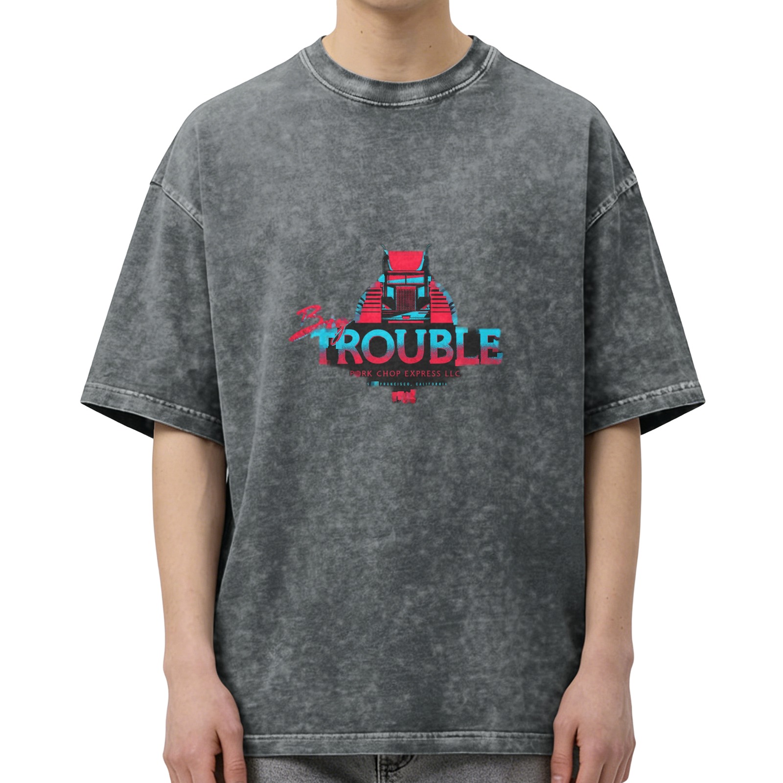 Distressed washed black short-sleeved T-shirt Retro style Big Trouble printed loose casual top
