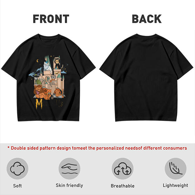 Olive T-Shirt With Whimsical Wizard Cat Castle Graphic