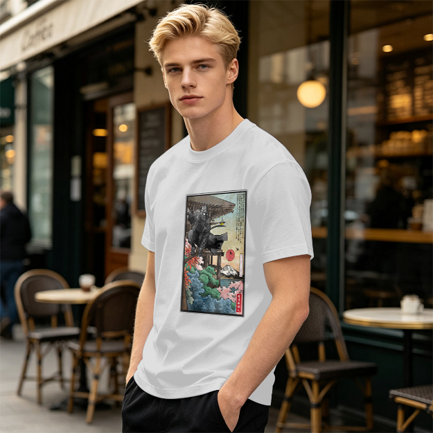 Olive T-Shirt with Ukiyo-e Style Samurai Warrior Print