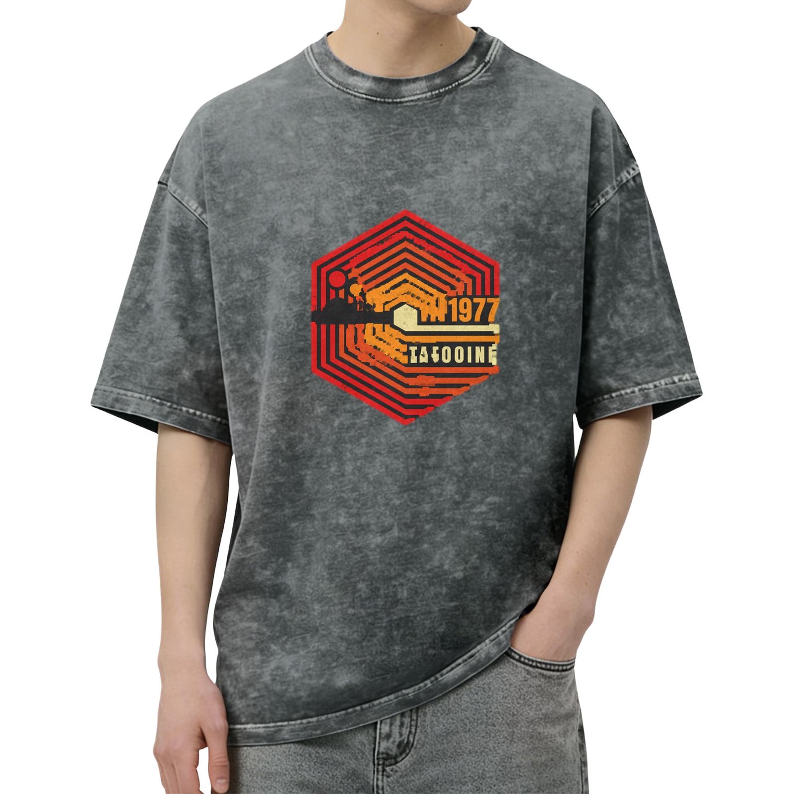 Vintage 1977 Tatooine Hexagon Graphic Stonewashed Black T-Shirt