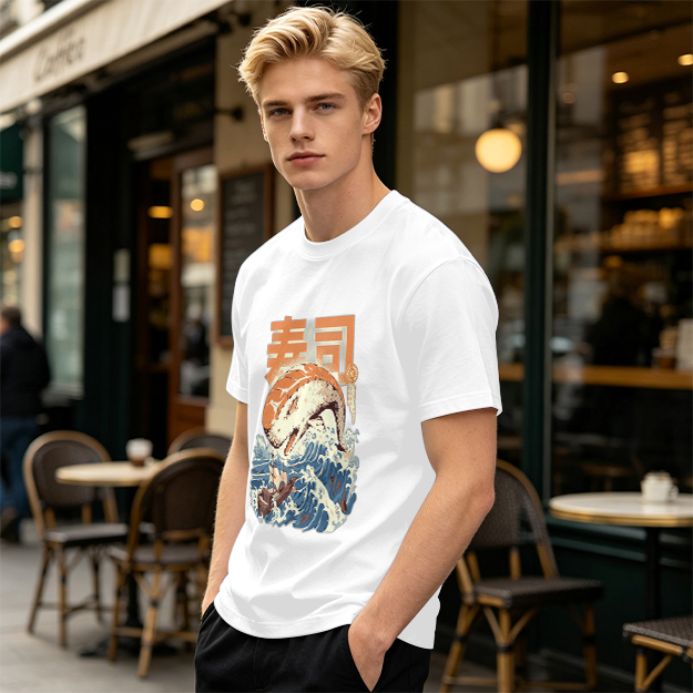 Olive t-shirt with sushi monster and great wave graphic
